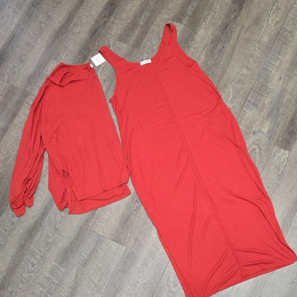 Chic Red Maternity Midi Dress with Long Sleeve Overlay